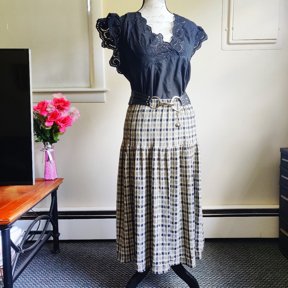 VINTAGE 60s Gingham Plaid Academia Beige Navy Stretch Midi Maxi Skirt